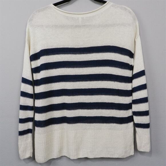 Joie Linen Pullover Fisherman Sweater Size L Navy Blue Ivory Striped Knit - Picture 10 of 10